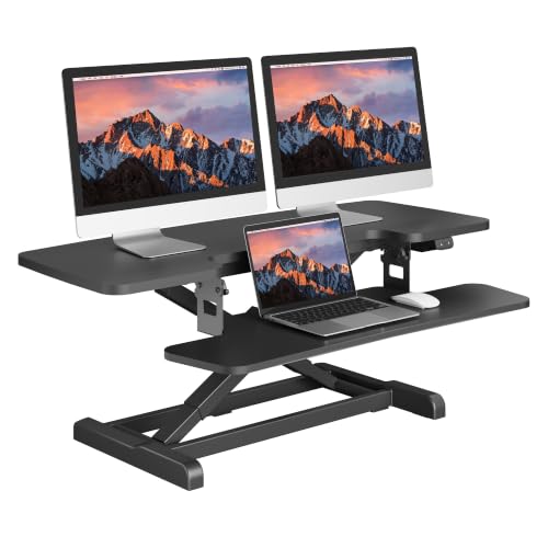 SANODESK 42″ Electric Standing Desk Converter, Height Adjustable Riser for Office Home,Dual Monitor and Laptop Workstation with Large Keyboard Tray, Black Color