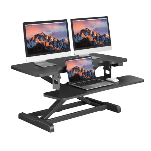 SANODESK 35″ Electric Standing Desk Converter,Height Adjustable Riser for Office Home, Monitor and Laptop Workstation with Large Keyboard Tray, Black Color