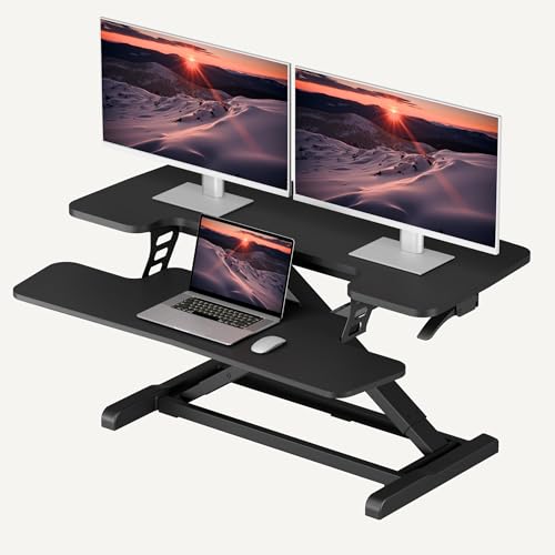 SANODESK 36″ Standing Desk Converter, Adjustable Sit to Stand Desk Riser with Effortless Lifting for Home Office, Desk Topper for Dual Monitors, Computer Lift with Keyboard Tray, Black